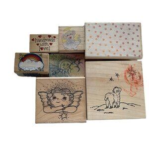 Wooden Rubber Stamp Lot Angel Alpaca Rainbow Handmade & More Crafting Fun!